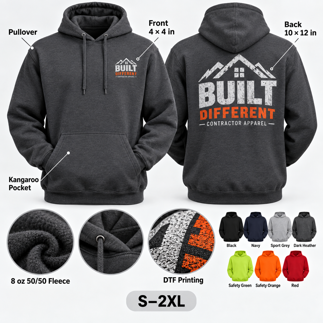 Custom Contractor Pullover Hoodie Gildan 18500 sizes and specifications